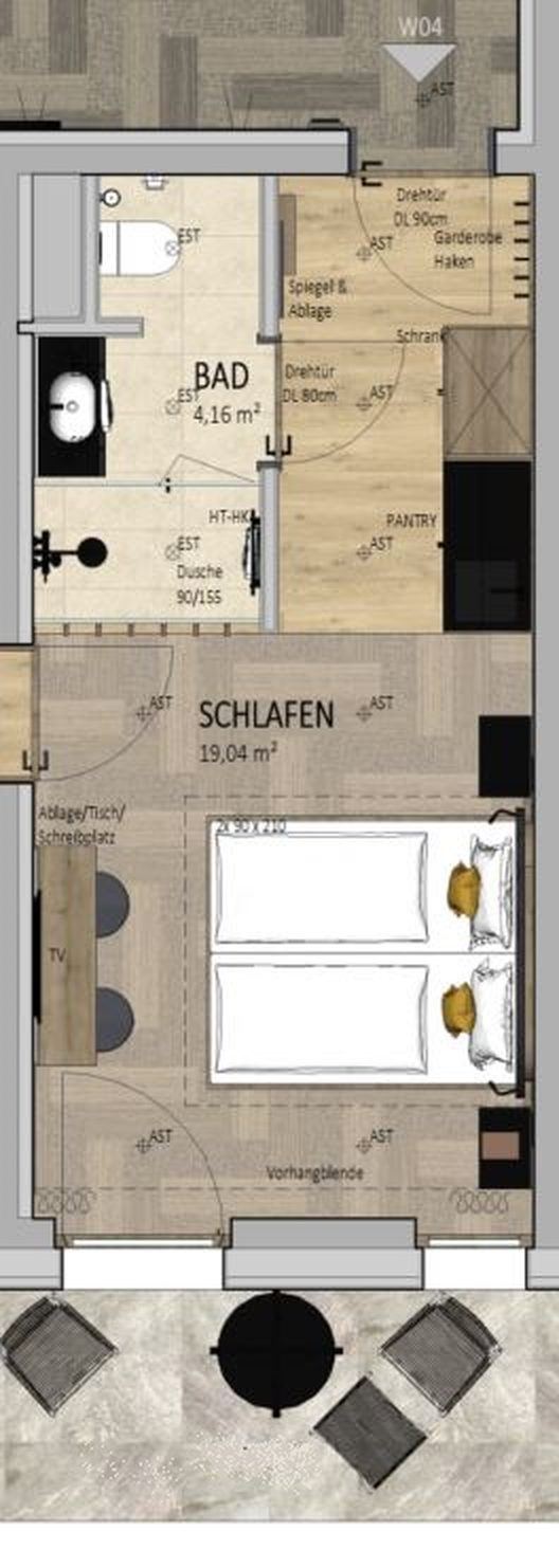 Grundriss Apartment W04, Doppelzimmer, 23,38 m² Wohnfläche