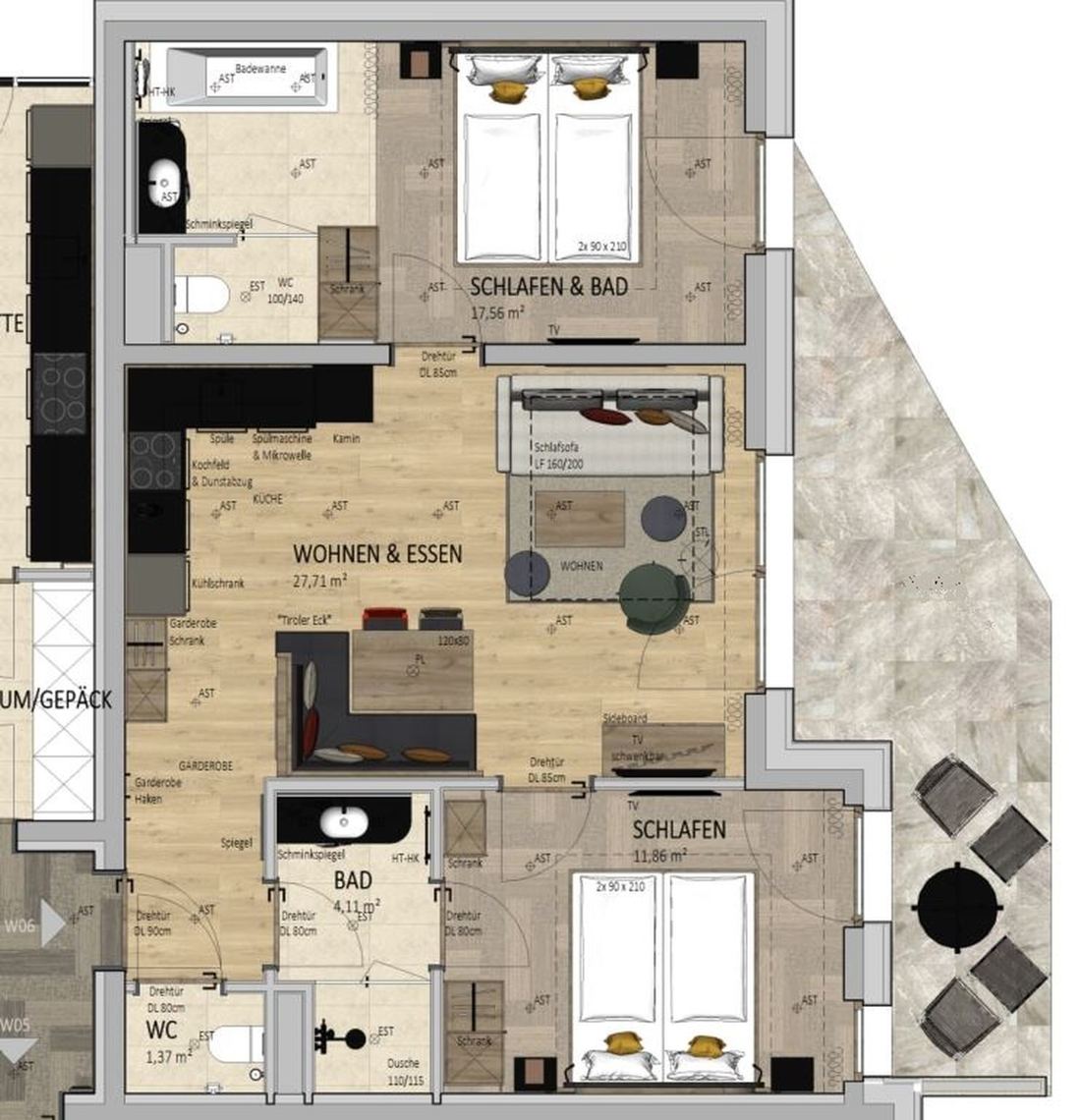 Grundriss Apartment W06, 2 SZ Premium, 63,09 m² Wohnfläche