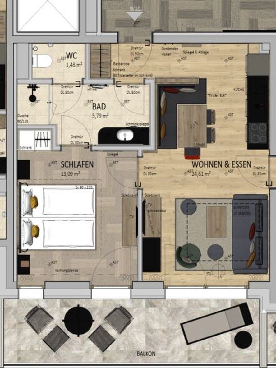 Grundriss Apartment W10, 1 SZ Superior, 46,20 m² Wohnfläche
