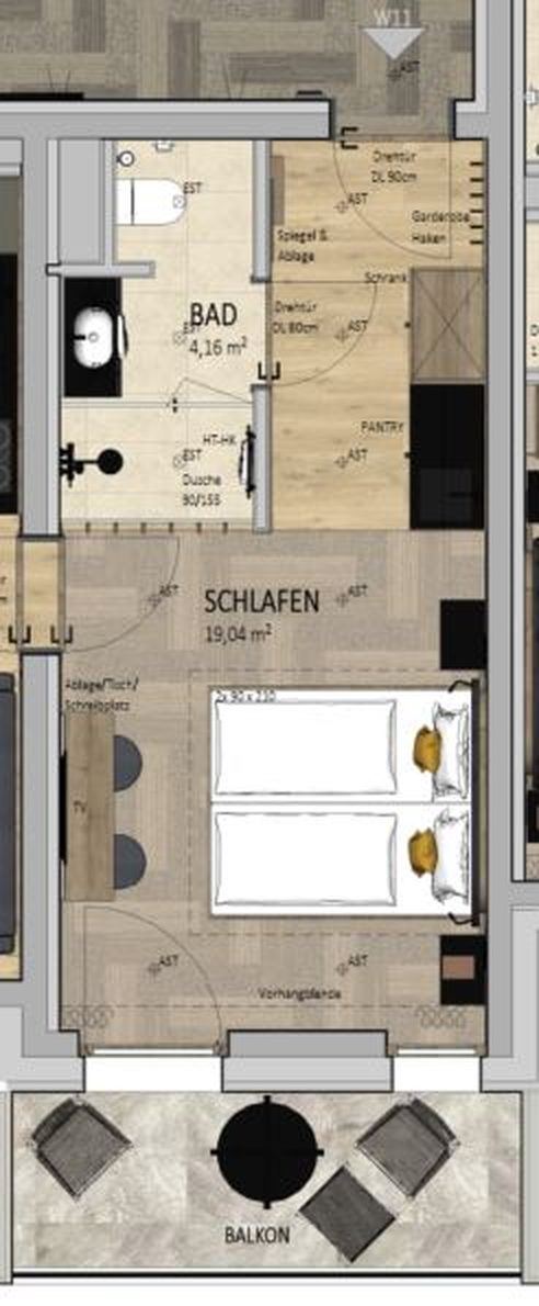 Grundriss Apartment W11, Doppelzimmer, 23,38 m² Wohnfläche