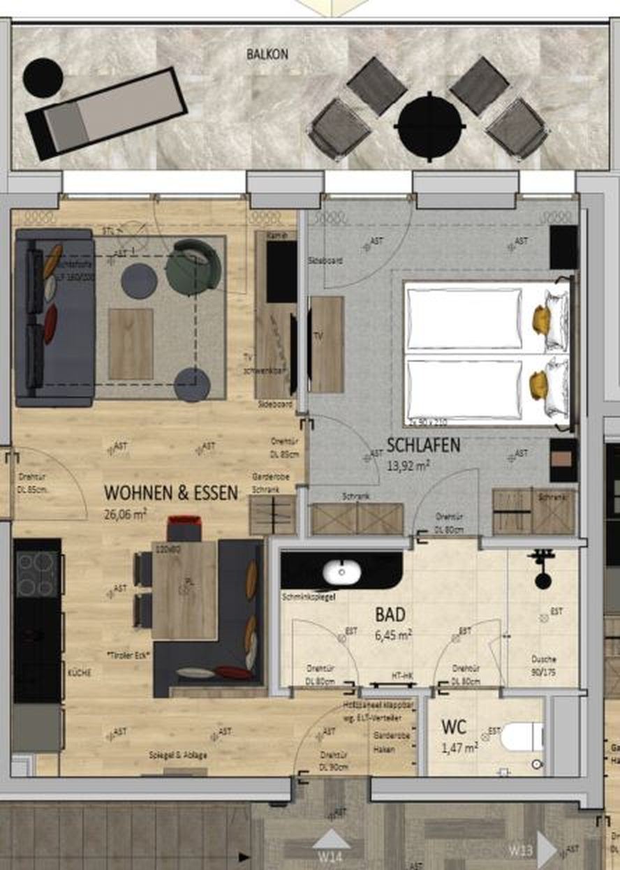 Grundriss Apartment W14, 1 SZ Superior, 48,71 m² Wohnfläche